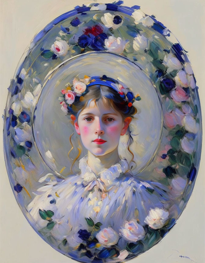 Young Woman in Floral Hat and Dress Surrounded by Impressionistic Flowers