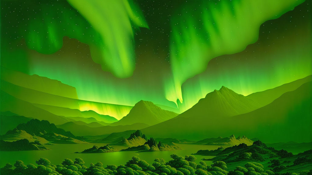 Spectacular Green Aurora Borealis Over Mountain Landscape