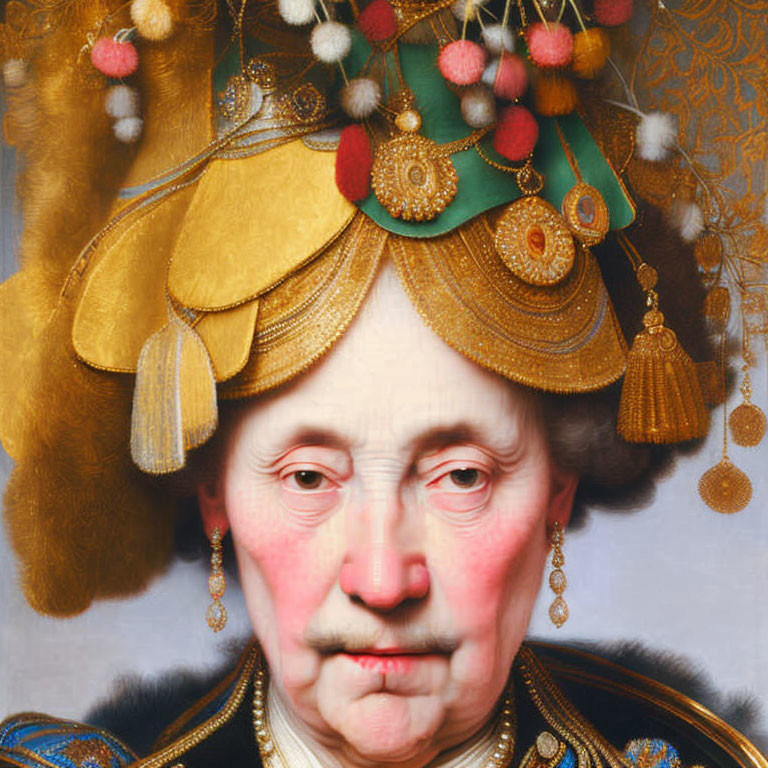 Elderly person in ornate golden headdress with green and red accents