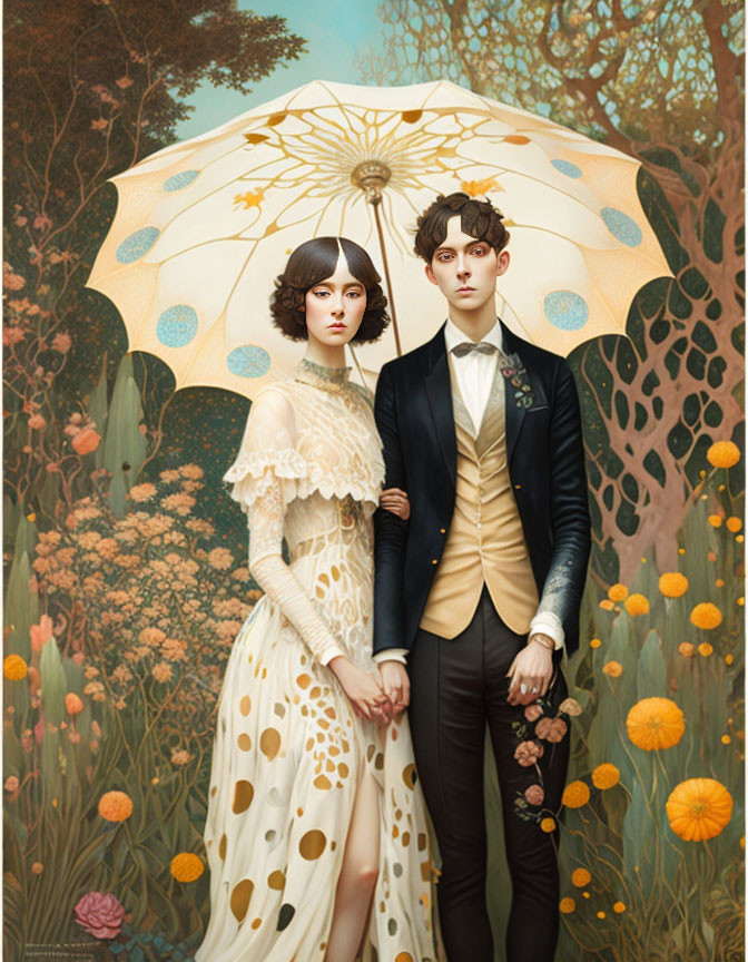 Stylized illustration of couple under ornate umbrella amidst lush floral backdrop