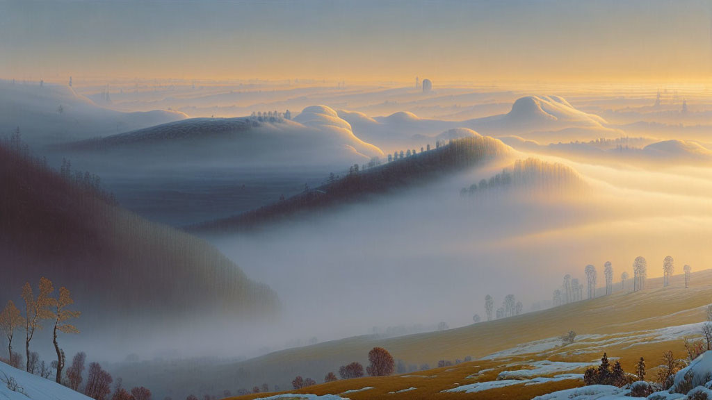 Tranquil dawn landscape with misty hills, golden field, and silhouetted trees
