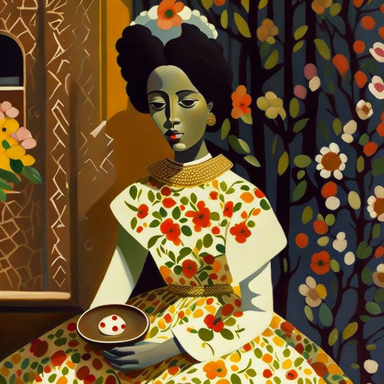 Portrait of woman with afro holding cup and saucer in floral dress.