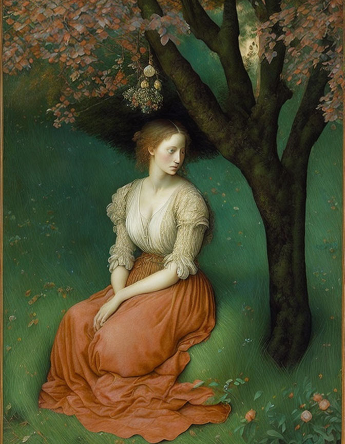 Woman under blossoming tree in cream blouse and orange skirt.