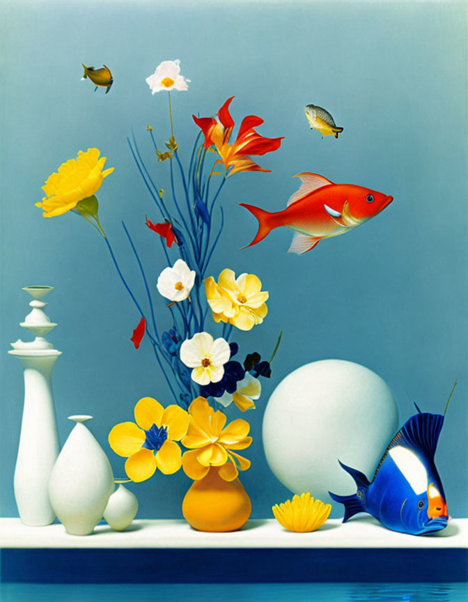 Colorful fish, flowers, vases, and sphere on blue background