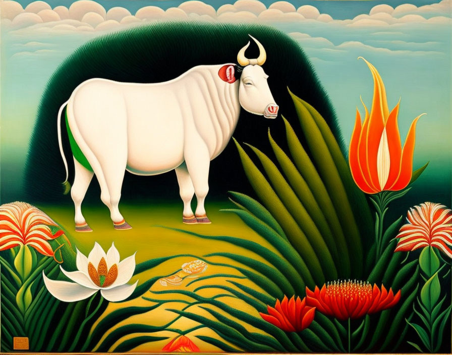 Stylized white bull in vibrant green landscape with colorful flowers