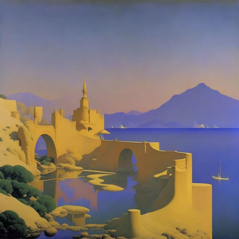 Tranquil surreal landscape with arched bridge, castle, sailboats, calm waters, purple mountains