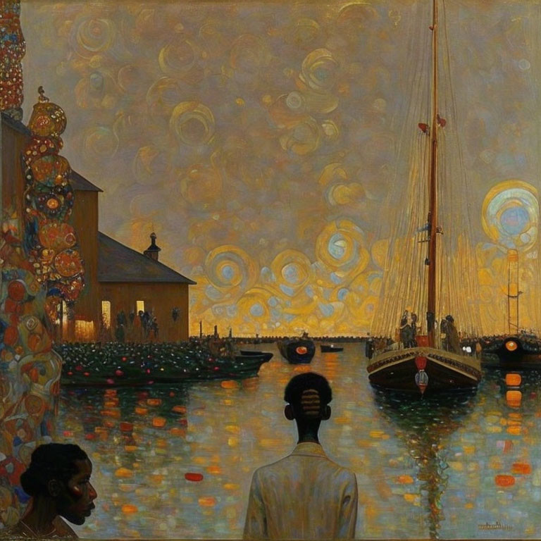 Figure overlooking harbor with boats, luminous reflections, intricate sky, and decorative lights.