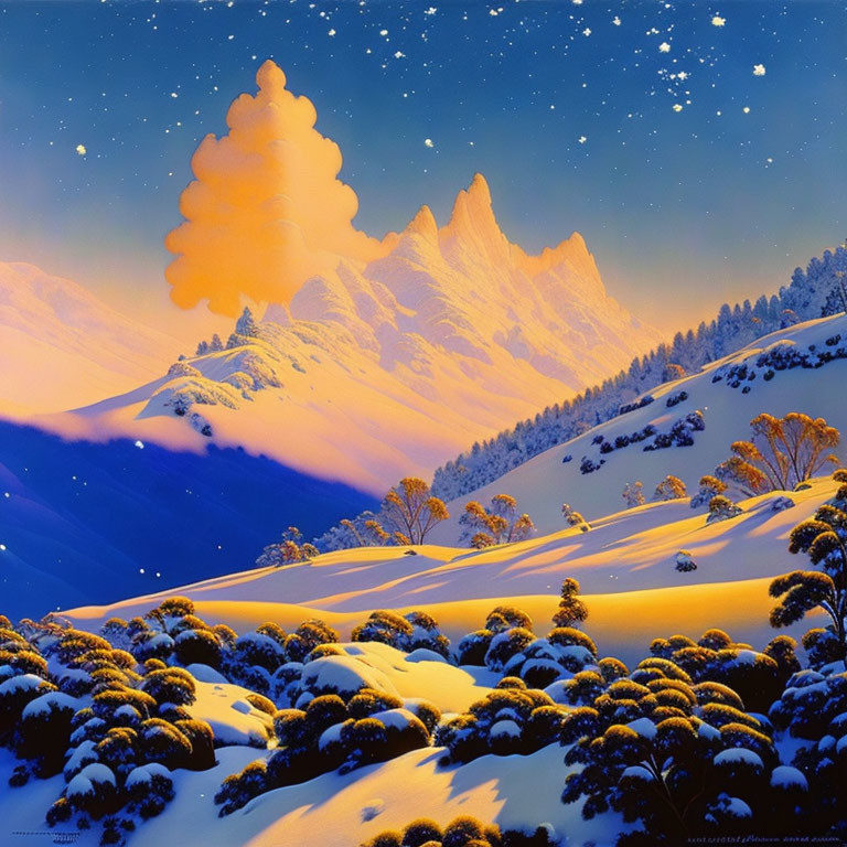 Snow-covered trees, rolling hills, and majestic mountains in a vibrant winter night scene.