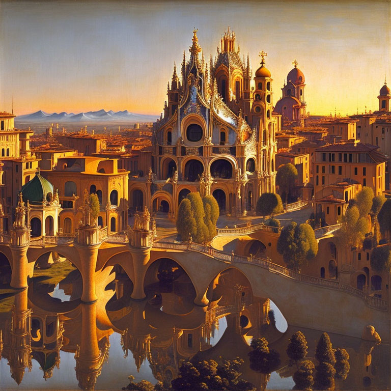 Gothic Cathedral in Golden Cityscape with River and Bridge