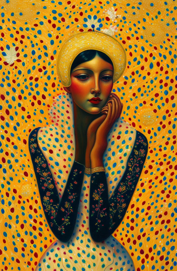Pensive woman with golden headdress on vibrant yellow background.