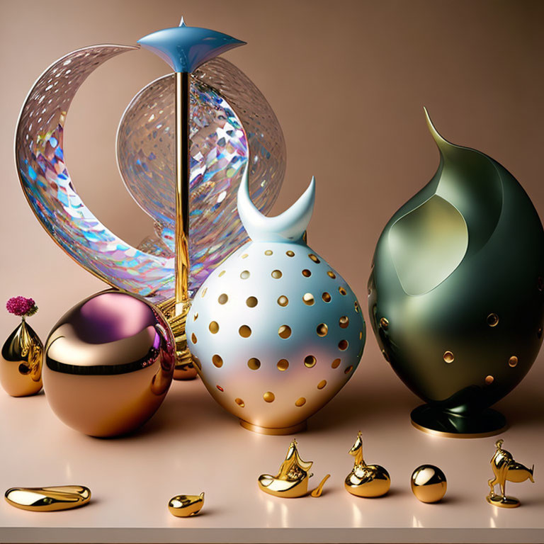 Abstract Gold and Jewel-Toned Objects with Intricate Patterns
