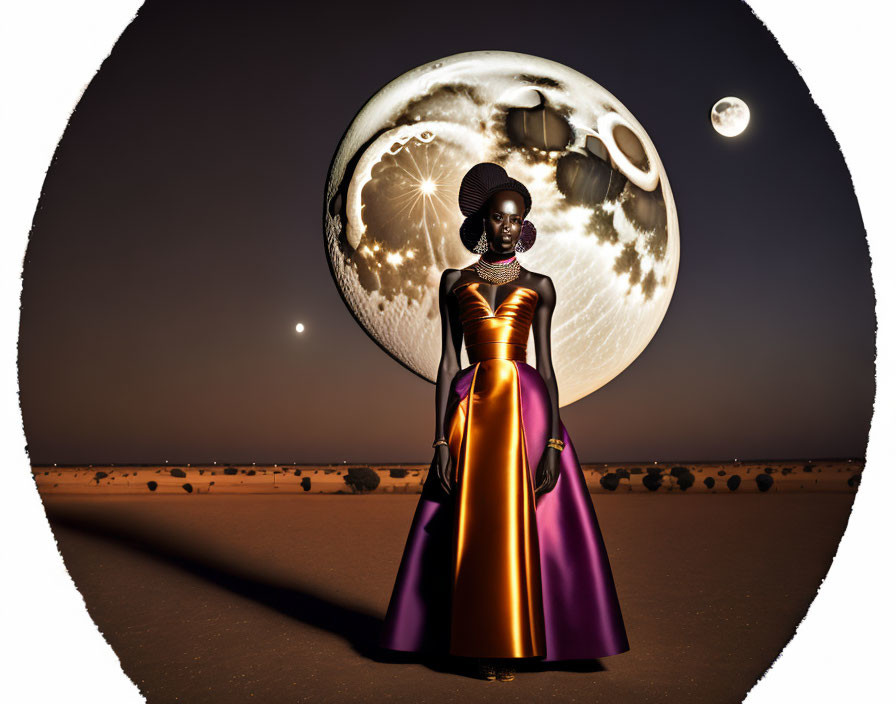 Elegant woman in vibrant dress in surreal desert with oversized moon