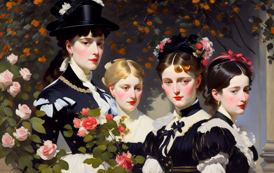 Victorian-era women in elegant attire against a backdrop of roses