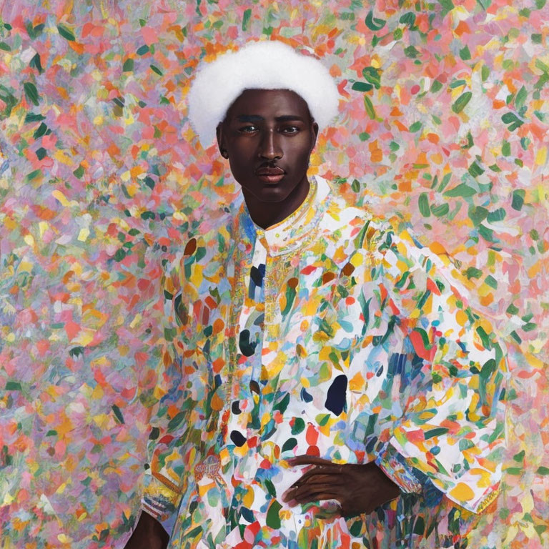 Portrait with African fabric (Hockney)