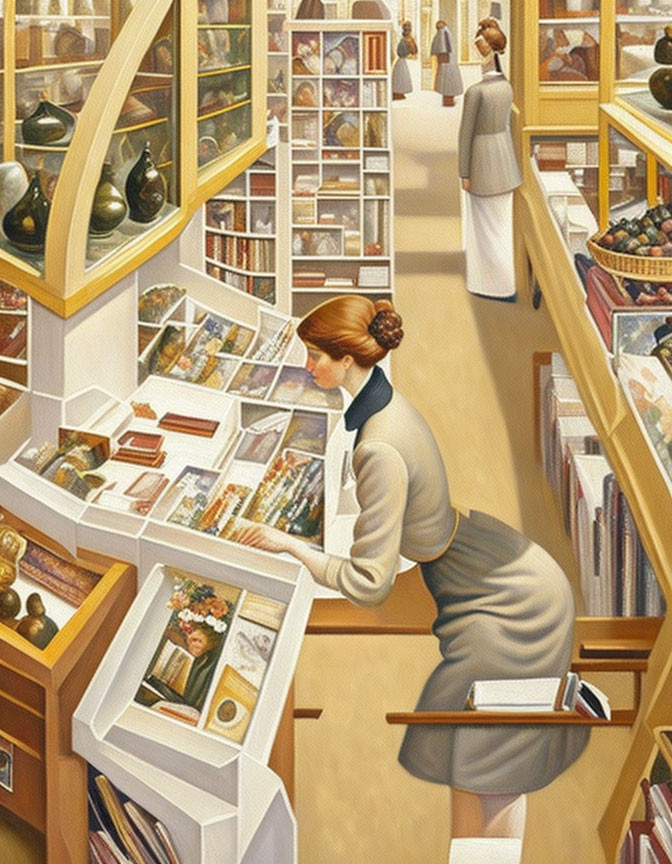 Woman in gray dress browsing books in warmly lit multi-level library
