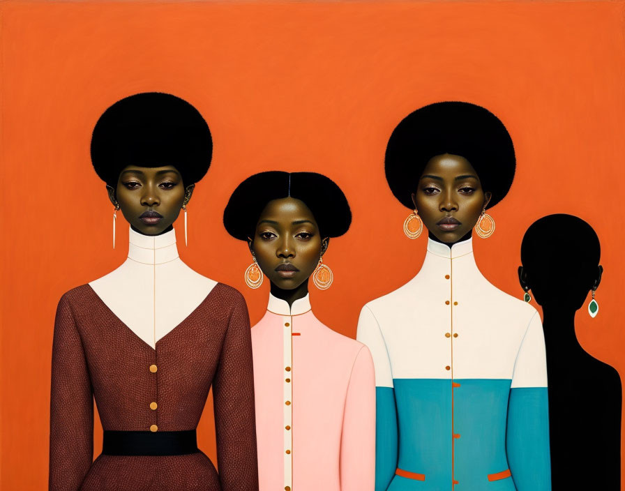 Three women with large afro hairstyles and elegant dresses on vibrant orange background