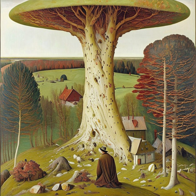 Surreal painting of figure under giant mushroom tree in pastoral landscape