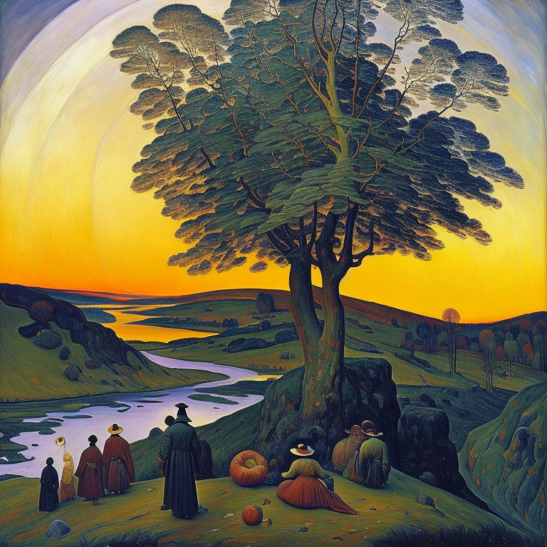 Vibrant sunset painting of people under large tree by river