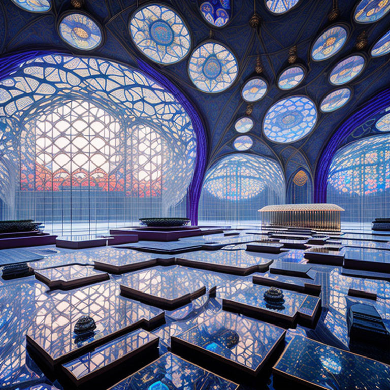 Intricate Geometric Patterns and Stained Glass Windows in Blue-Hued Interior