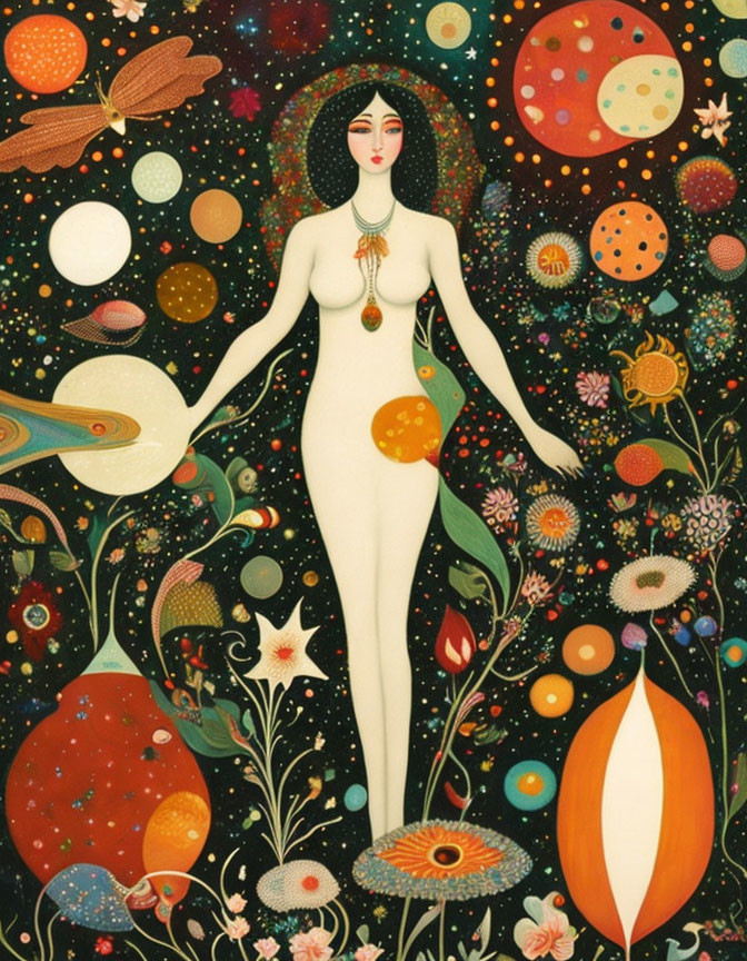 Stylized female figure in cosmic backdrop with stars and flora patterns