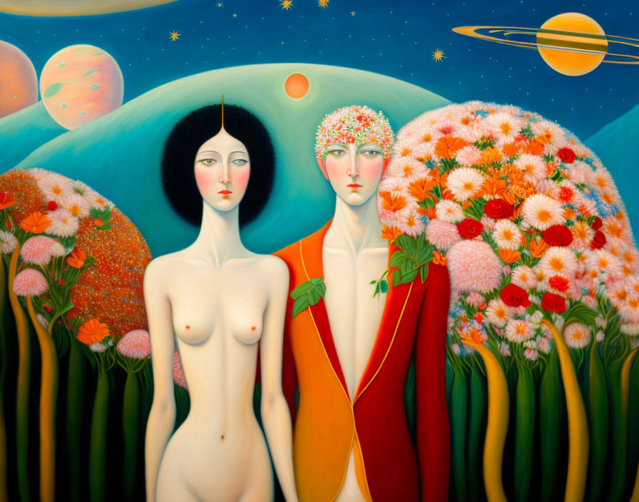 Surrealistic painting featuring two women with floral and celestial elements against a cosmic backdrop