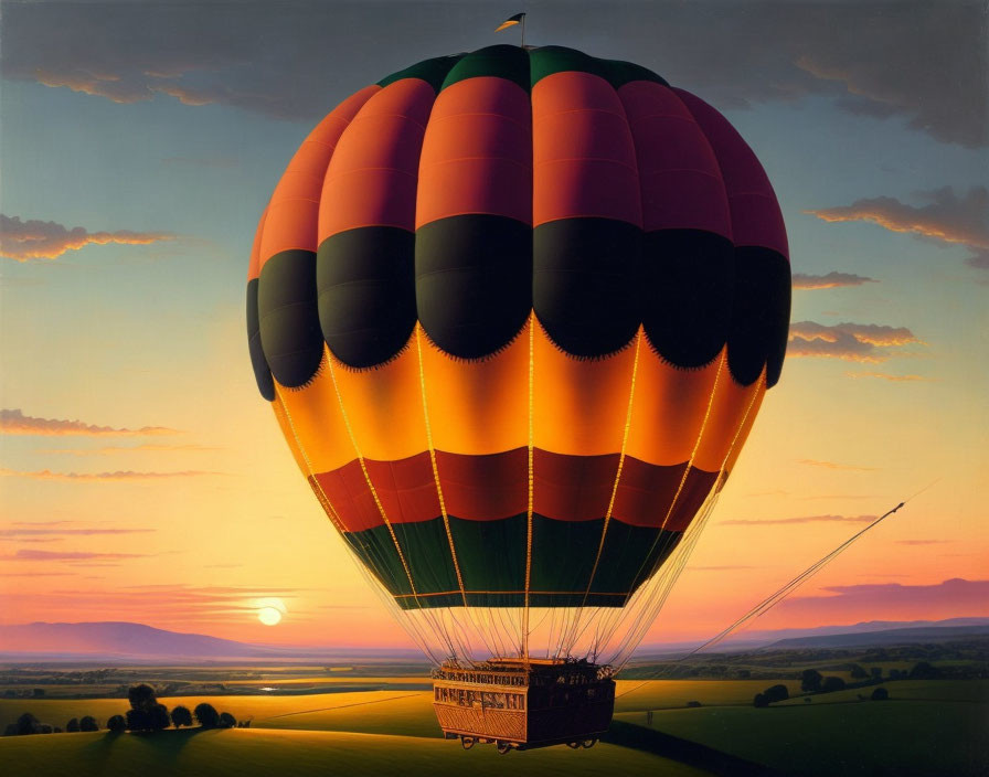 Colorful hot air balloon over serene landscape at sunrise or sunset