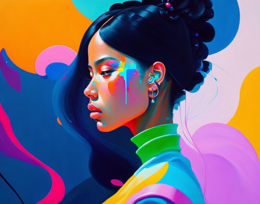 Colorful Abstract Digital Art of Woman with Sleek Bun & Paint Streaks