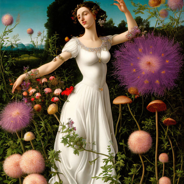 Woman in White Dress Poses Among Oversized Flowers