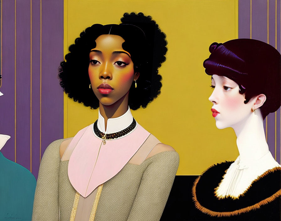 Stylized portrait of two women in afro and hat against geometric background