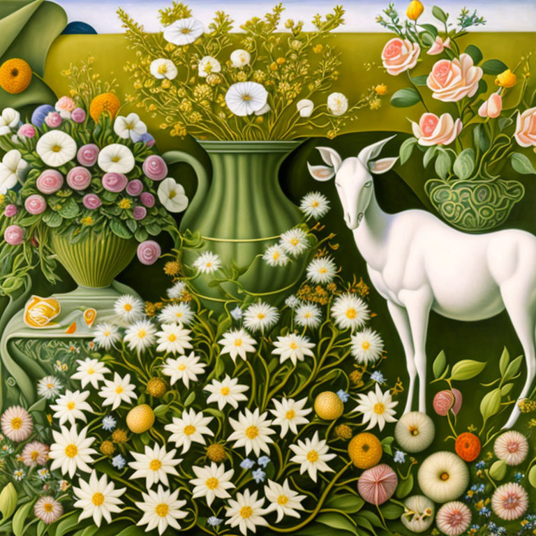 Colorful painting of white deer surrounded by flowers on green background