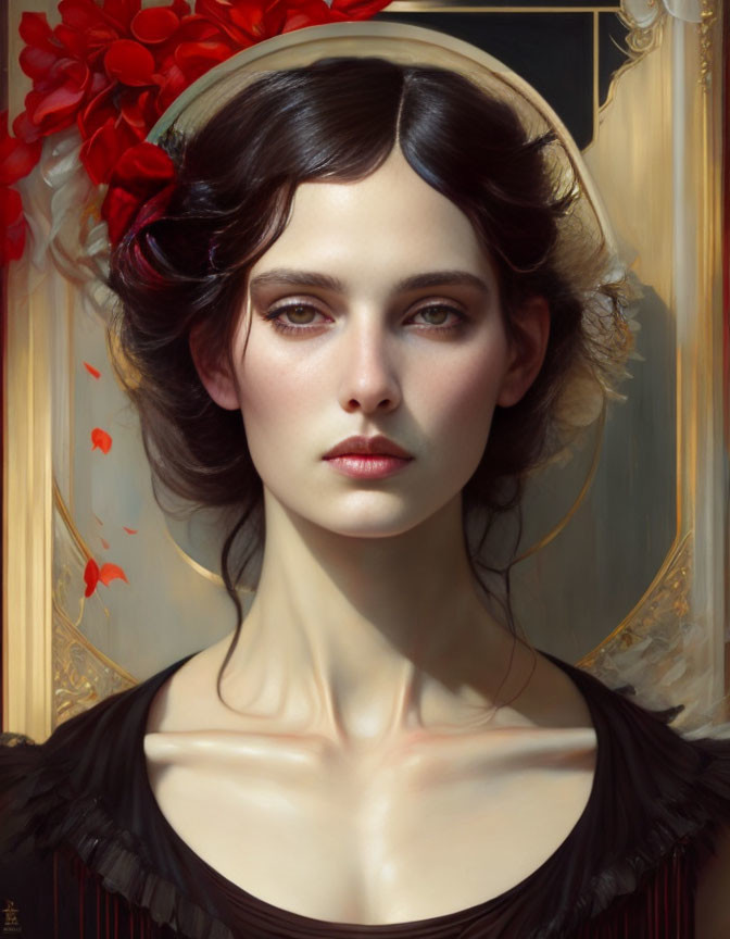 Portrait of woman with pale skin, dark hair, striking gaze, framed by red flowers