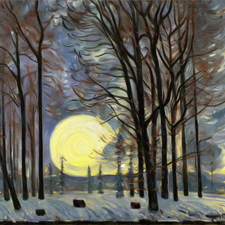Expressionist Forest Painting with Yellow Moon and Swirling Sky
