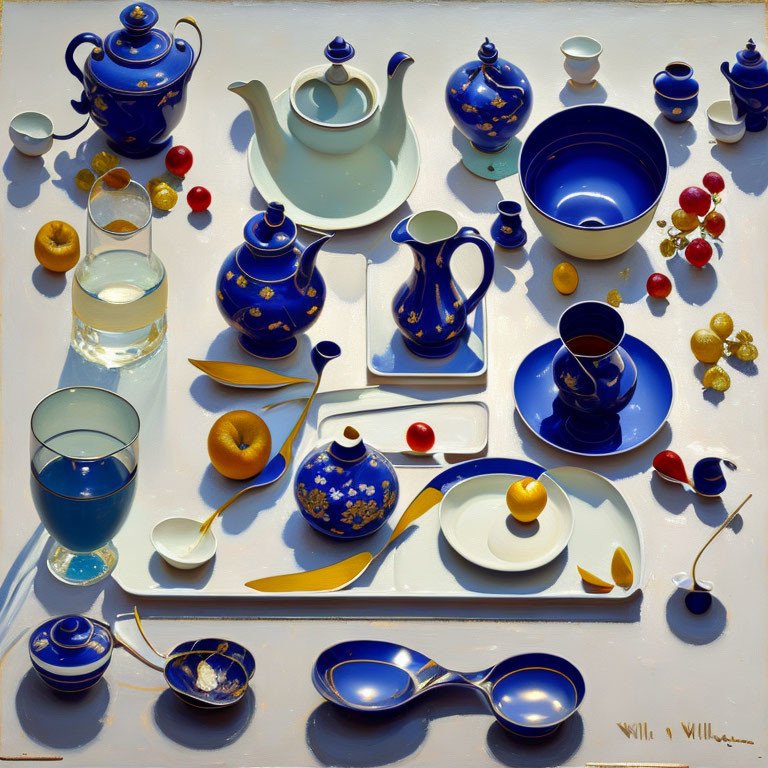 Colorful Still-Life Painting of Blue and White Porcelain Tea Set with Fruits and Water