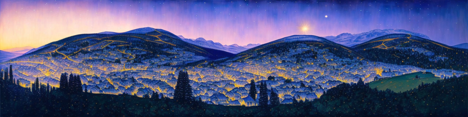 Vibrant Nighttime Landscape with Blue Hues and Star-Lit Sky