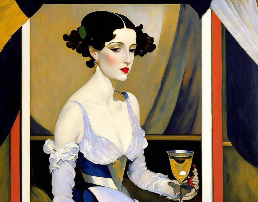 Stylized woman with dark hair and red lips in white dress holding a beverage against geometric background