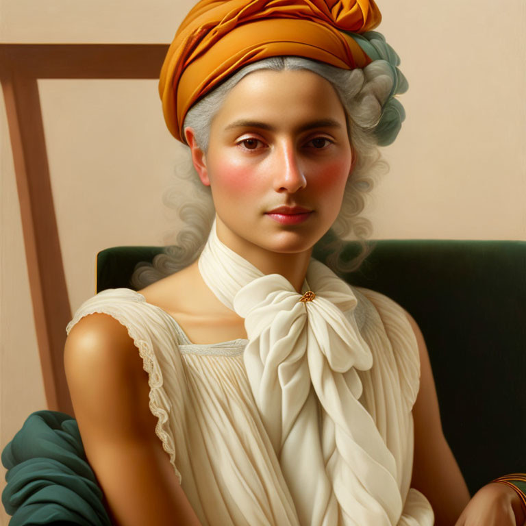 Serene woman portrait with turban, white dress, ruffled collar, green background