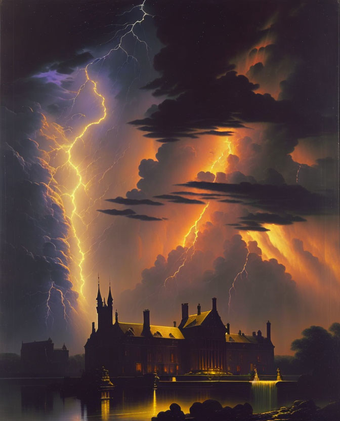 Nocturnal landscape: grand mansion silhouette, stormy sky, vivid lightning bolts