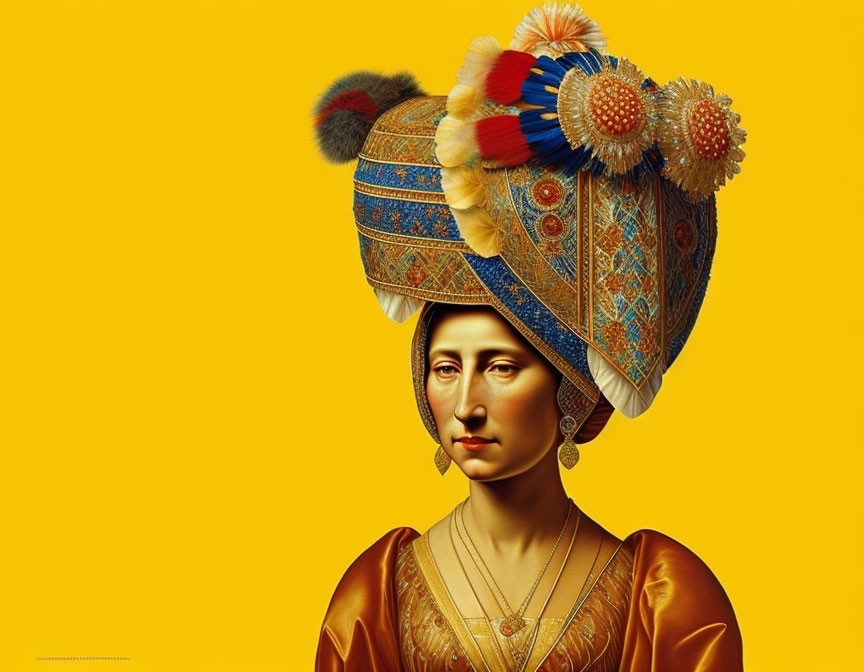 Portrait of a woman in ornate headdress on yellow background