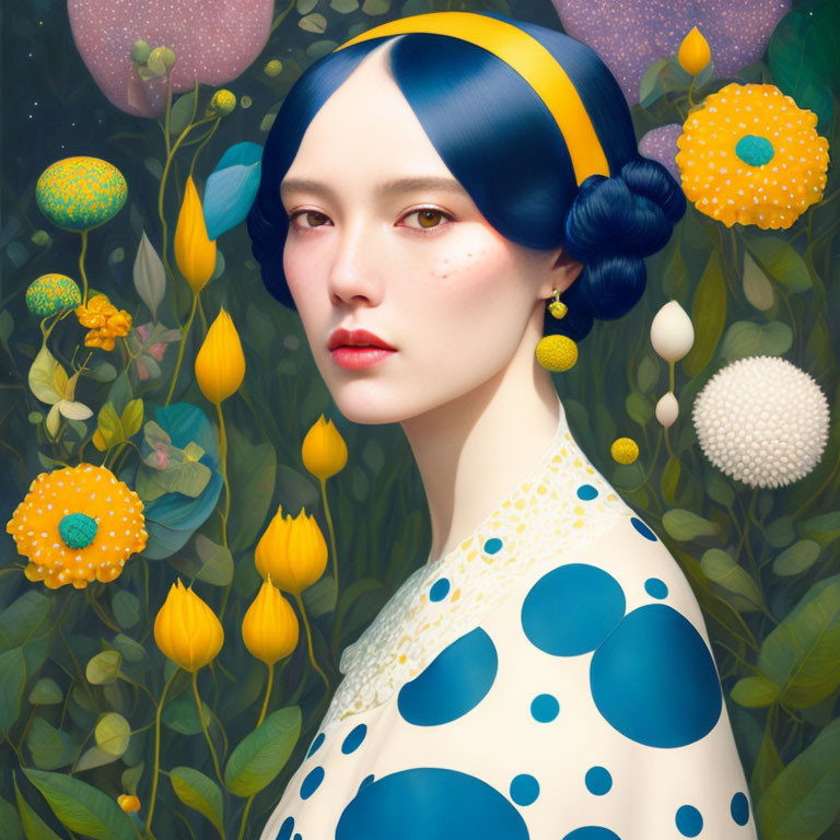 Porcelain-skinned woman in polka-dot dress with blue-black hair on floral backdrop