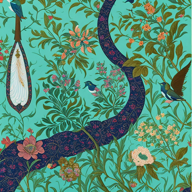 Colorful Bird and Floral Pattern on Teal Background