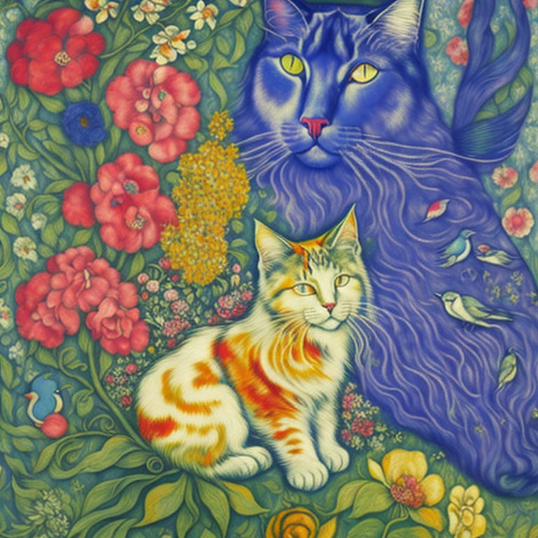 Colorful artwork: Large blue cat face with yellow eyes, smaller orange-and-white cat, flowers,