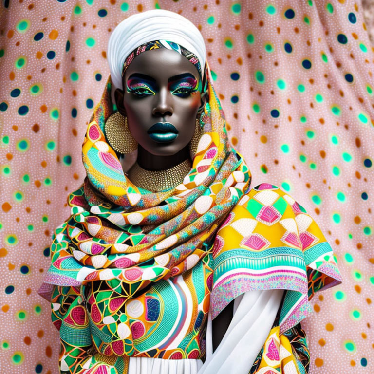 Colorful headscarf woman with striking makeup on polka-dotted background