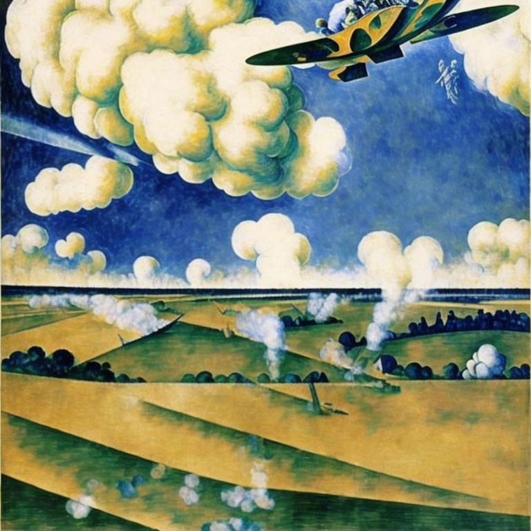 Vibrant stylized landscape with biplane flying low over patterned fields