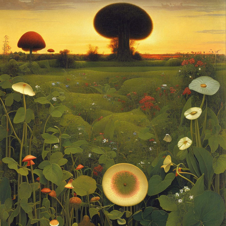 Fantastical sunset landscape with oversized mushrooms and lily pads amid wildflowers