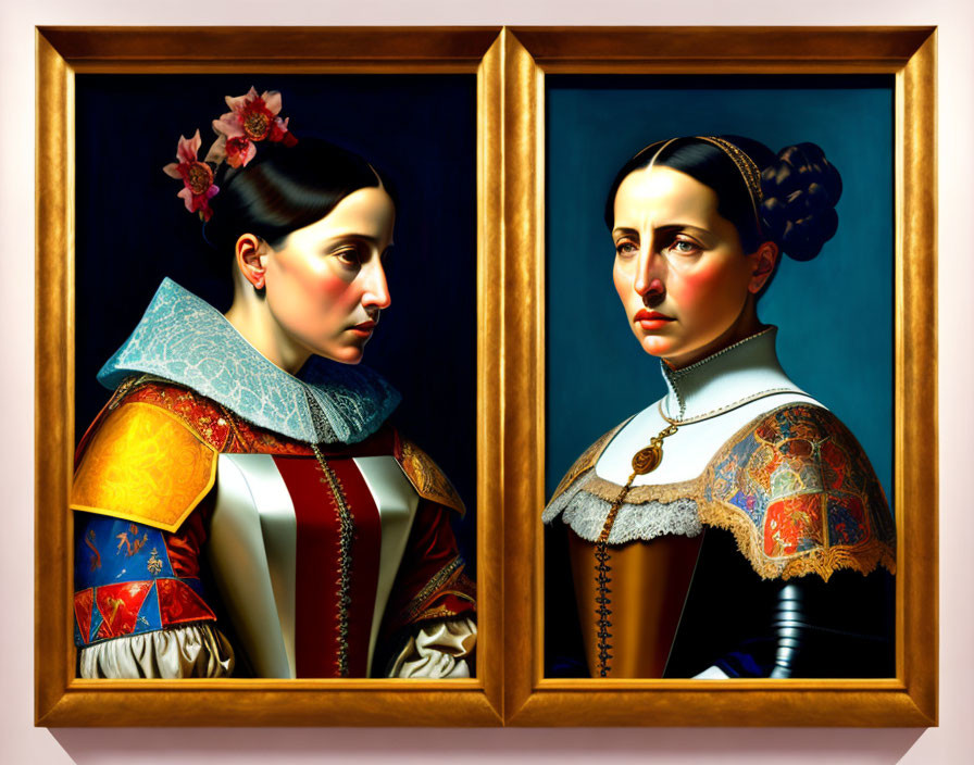 Digital Art: Stylized Diptych of Two Women in Renaissance Attire