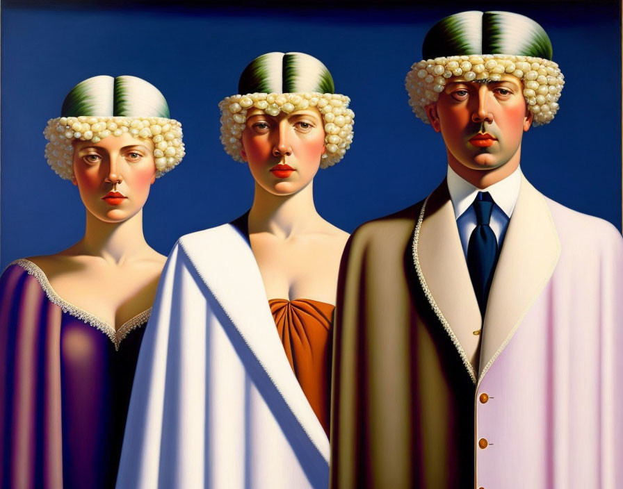 Stylized figures in retro swim caps and formal attire on blue background