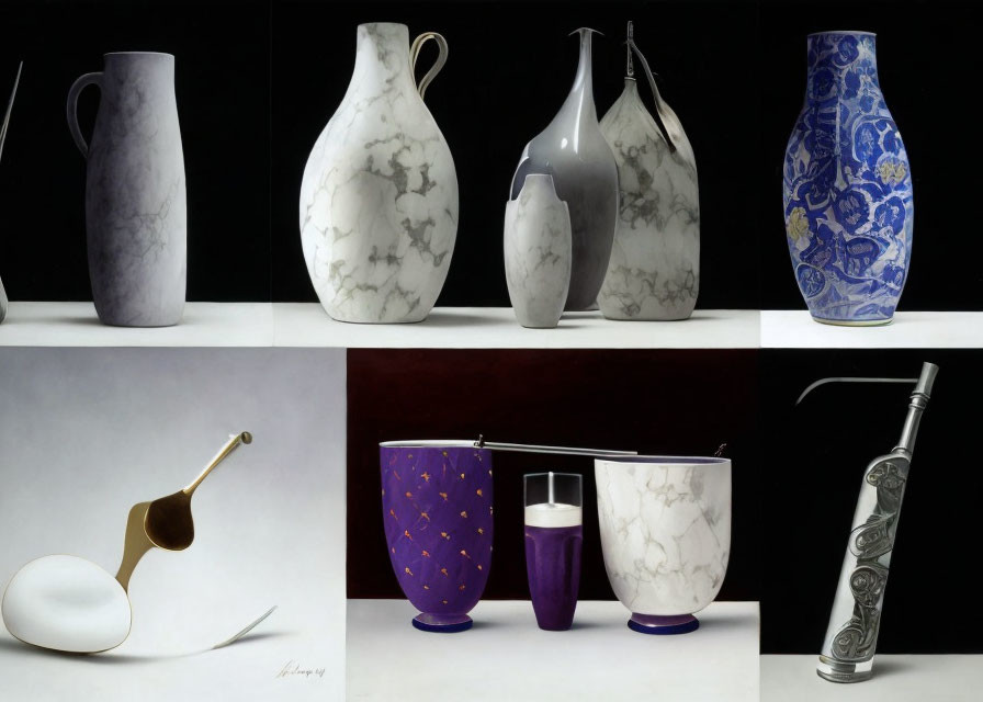 Elegant vases and ladle in diverse paintings