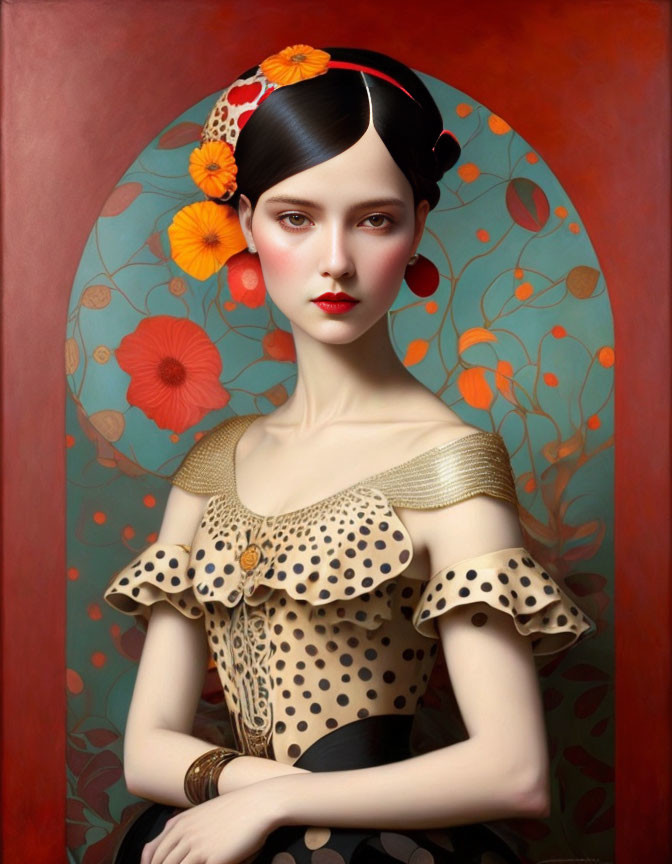 Portrait of woman with porcelain skin, red lips, polka dot dress, golden accessories, and floral