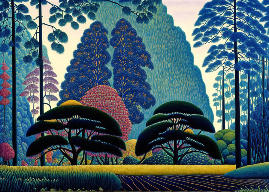 Colorful landscape painting with patterned trees in blue, purple, and red.