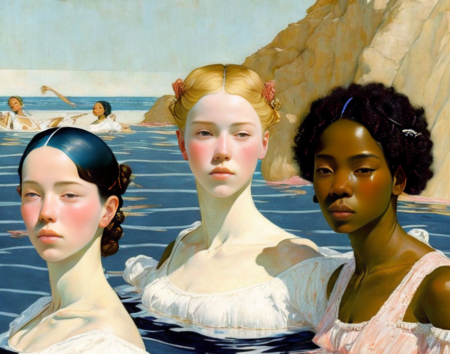Three diverse women with classical features in renaissance style attire by the seaside